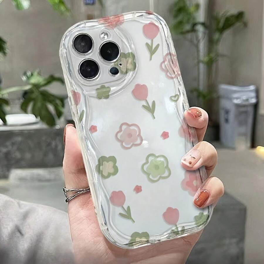 Nueva funda de TPU con diseño ondulado. Flores rosas y verdes. Compatible con phone 16 Pro. 15, 14, 13, 12, 11 Pro Plus, IP13 Pro Max/IP14 Pro Max, X y XS. - Blanco - Ver 1