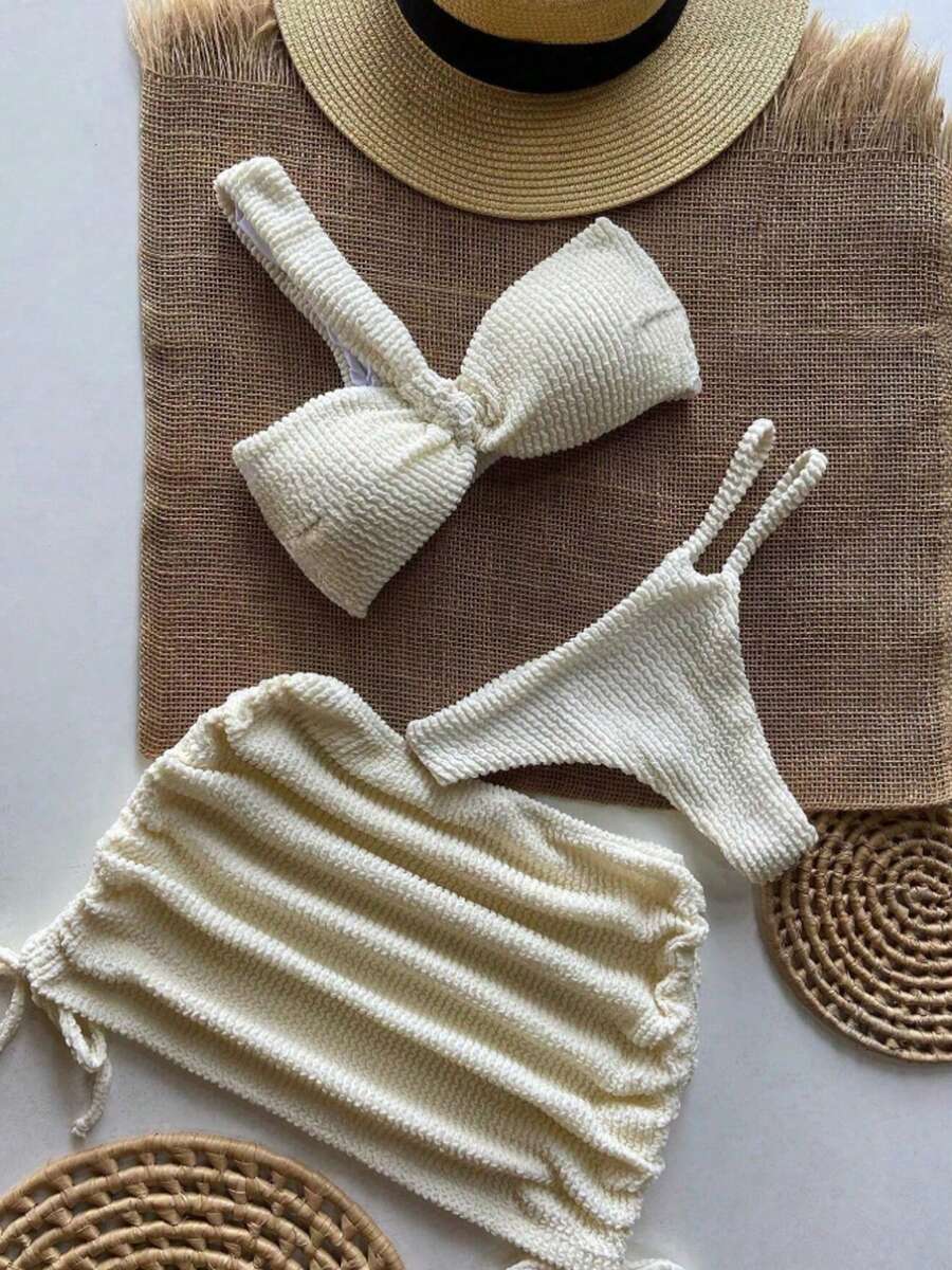 Traje de baño de tres piezas para mujer, estilo europeo y americano, de un solo hombro, irregular, de alta gama, para vacaciones en la playa, traje de baño de moda esencial - Blanco - Ver 1