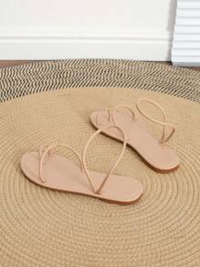 女士平底舒适波西米亚风格凉鞋，简约系带女士夏季拖鞋 - 杏色 - 查看 5