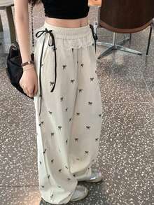 甜辣蕾丝拼接休闲裤，腰部蝴蝶结设计，宽松阔腿裤，夏季女士 - 杏色 - 查看 5