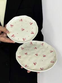1pc Ins-Style Handpainted Asymmetrical Ceramic Plate, Cute Cartoon Cherry Heart Plate, Dessert Snack Dish, Afternoon Tea Cake Plate, Western Dinnerware, Steak Pasta Plate, Fruit Salad Plate, Holiday Gift For Family & Friends