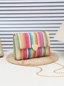 1pc Rainbow Striped Shoulder Bag, Summer Beach Bag, Outdoor Shoulder Bag, Chain Strap Square Woven Crossbody Bag, Colorful Bag, Casual Beach Bag For Women, Large Capacity