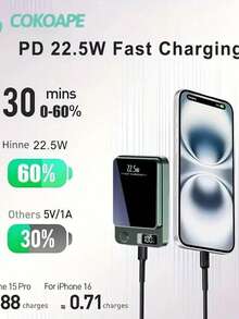 1 个 10000mAh 移动电源，22.5W/PD20W 超级快速充电，磁性无线充电器，便携式手机充电器适用于 16/ 15/14/13/12 设备/Android（USB、Type-C），带 LED 电池显示，户外应急电源备用电池组，便捷的移动充电器，便携式无线充电器 - 黑色 - 查看 4