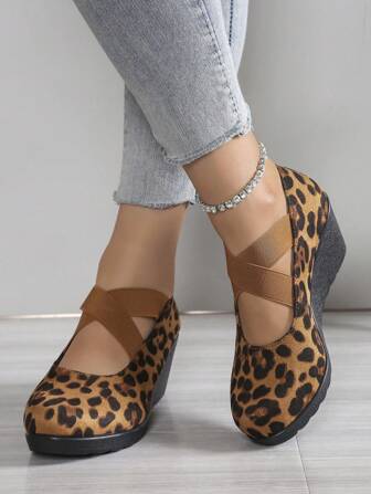 Ballerines femme à imprimé léopard en daim synthétique avec brides croisées, mocassins ronds à semelle antidérapante pour l'extérieur