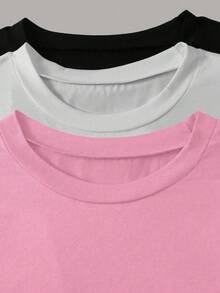 3pcs  set pack conjunto camiseta casual de mujer de unicolor, cuello redondo, manga corta, versátil - Rosa - Ver 5