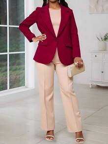 Zalla Women's Plus Size Blazer With Flap Pockets And Front Closure – Elegant Tailoring - 酒紅色 - 查看 4