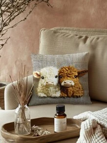 1pc 2D Printed Plush Decorative Pillow Cover, Not Real Embroidery, Super Cute Yak Pattern, Single-Sided Printing, 17.7*17.7 Inches (45*45cm), Faux Linen Material, Suitable For Sofa, Living Room, Bedroom And Office Home Decor (Pillow Insert Not Included)