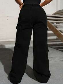 Zipper Fly Flap Pocket Side Boyfriend Cargo Jeans - Black - View 3