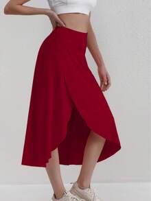 加大码不对称下摆半身裙，黑色高腰长裙设计，修身伞裙 - 酒紅色 - 查看 3