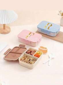 Customized Name Portable Bento Box Triple Grid Style Lunch Box Built-In Utensils Fork Spoon Meal Prep Container With Triple-Sided Buckle Design Flip-Top Lid For Organized Meals Ideal For Work School And On-The-Go ,Space-Saving Stylish