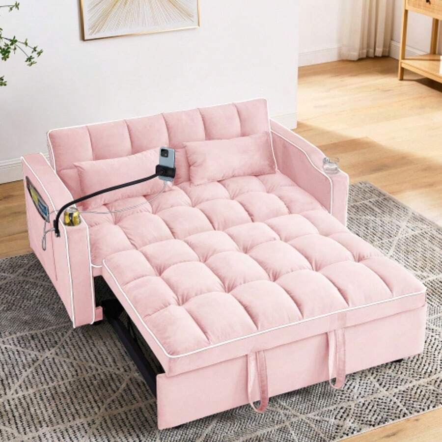 55.51 Inch Versatile Foldable Sofa Bed In 3 Lengths, Modern Sofa Sofa Sofa Velvet Pull-Out Bed, Adjustable Back And With USB Port And Ashtray And Swivel Phone Stand (PINK) - Hồng - Xem 1