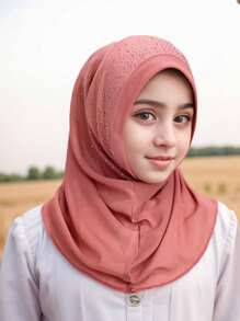 1pc Sequined Solid Color Elastic Convenient Beanie Headscarf For Girl, Handmade Chain Decor Hijab Turban Cap