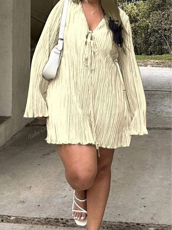 Vestido con cinturón talla grande, vestido de manga larga de unicolor con efecto estilizante y vuelo, adecuado para uso en la calle durante el verano