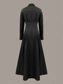 Damen markantes Pendler-Etuikleid mit Knopfverschluss, einfarbig, elegant, Lässig, Knopfverschluss vorne, plissierte Dekorationstaschen, geeignet für Büro, formelle Anlässe - Schwarz - Übersicht 3