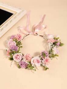 1件粉色玫瑰花波西米亚新娘头饰，浪漫婚礼花冠，皇冠，头饰，头饰，头饰，发圈，发饰藤蔓，夏威夷风情女装，发饰，准新娘，情人节配饰，女士发饰 - 彩色 - 查看 3