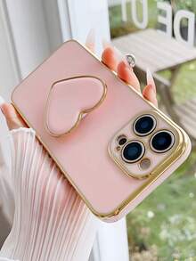 1pc Straight Edge Electroplated Gold Rim Heart-Shaped Air Cushion Hidden Bracket Phone Case Compatible With Apple 16 Pro Max/ Galaxy S24 Ultra/ Edge 30/Infinix Smart 8/Infinix Hot 40i/ Spark 20/ Spark 20C/ Spark Go 2024/Redmi Note 13 Pro+/Honor X8 Waterproof Shockproof Anti-Fall Scratch Resistant - Pink - View 2