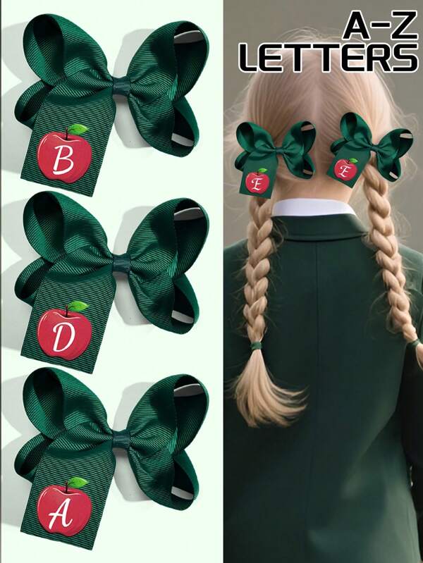 4 Inch 26 Letters A-Z Apple Back To School Girl Hair Bow Children Girl Hair Bows With Clips For Festivals Party School Girls Graduation Season Hairgrips For First Day Of School Classroom Girls Students,Kids Hair Accessories