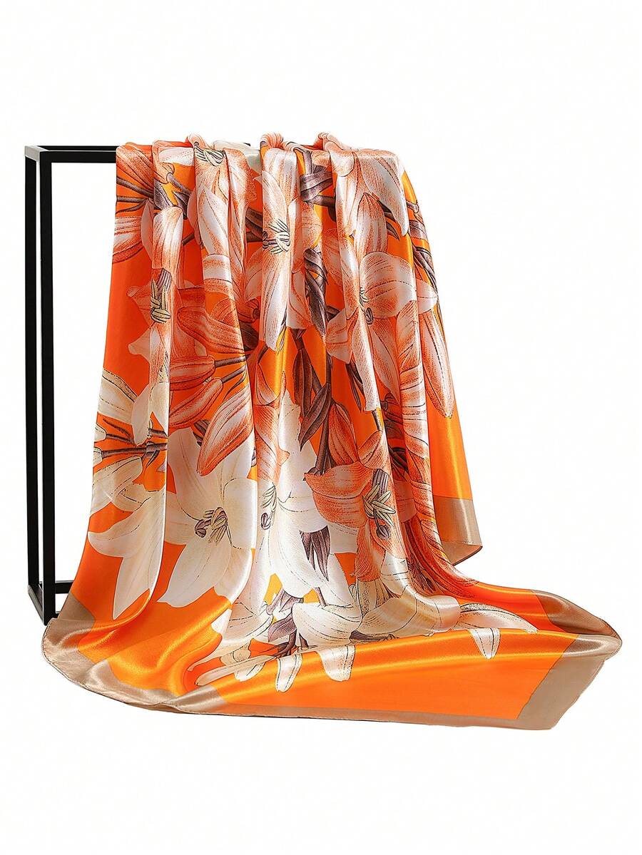 1 件 90 厘米女士奢华印花围巾，时尚方形围巾，涤纶休闲围巾 - 大花橙色 - 查看 1