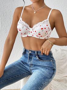 1 pieza Sujetador sexy con aros y relleno con encaje floral de cereza lindo para mujeres