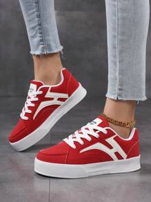 Skate Shoes! Women's Casual Sports Shoes, Breathable Mesh Lining, Pu Leather Shell, Letter Decoration, Stable Flat Bottom, Fashionable Versatile Chinese Red Shoes, Lightweight Design Without Tiredness