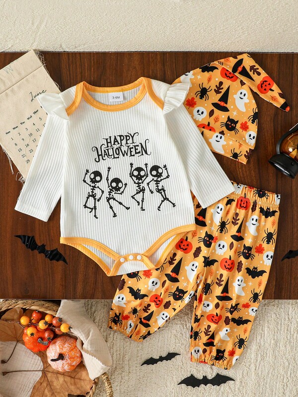 2pcs Baby Boys' Ribbed White Print Top And Pumpkin Print Pants Set, Spring/Autumn