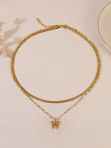 1pc Minimalist Stainless Steel Double Layer Necklace With Uppercase Letter Pendant, Suitable For Women's Daily Wear Or As A Gift For Friends - Yellow Gold - View 27