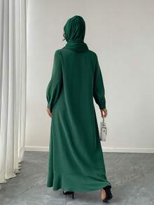 女士优雅休闲简约纽扣荷叶边宽松阿拉伯风连衣裙，适合日常休闲穿着，四季皆宜，春季款 - 墨綠色 - 查看 6