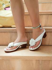 1 双手工花卉装饰木纹高跟女式凉鞋，舒适优雅加大码一脚蹬人字拖，适合工作/派对/节日礼物/活动 - 白色 - 查看 2