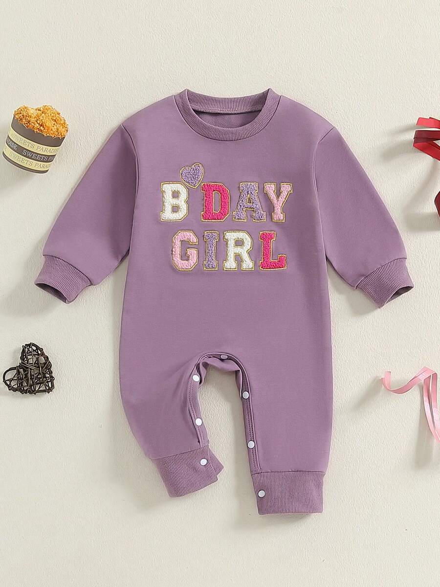 1st Birthday Outfit Baby Boy Girl Jumpsuit Cute Embroidery Long Sleeve Romper Bodysuit One Year Old Birthday Clothes - 紫色 - 查看 1