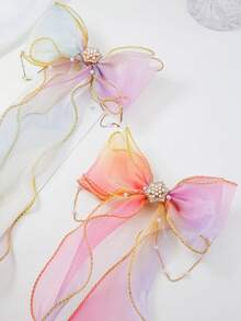 2pcs Pink & Purple Bowknot Hair Clips With Pearl Chain, Rainbow Hair Pins, Princess Hairstyle Decor For Girls, Suitable For Daily Wear, Holiday Photos - Multicolor - View 3