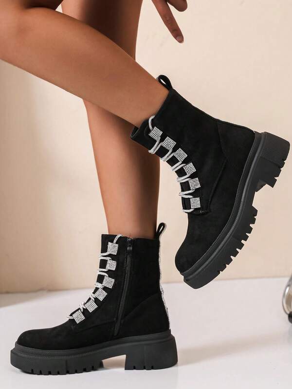 Botas femininas de cano curto com strass e cadarço para uso diário