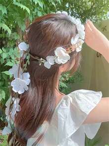 1pc Women Elegant White Vine Floral Crown, High Crown Pressure Headband, Braided Hair Accessory, Suitable For Wedding, Bride, Beach Vacation, Daily Outfit Ornament, Boho Style Decorative Hair Hoop, Hair Accessories ,Hairband For Women