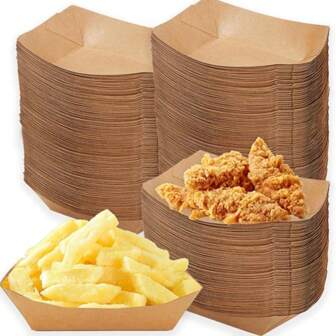Paper Food Tray, 1/50 Pack Disposable Food Boat Mini Brown Paper Serving Basket For Party Nachos, Chips, Burritos, Snacks And Treats