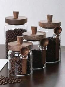 3 件套玻璃咖啡罐套装，玻璃食品储存罐带木盖和勺子，400ml/600ml/900ml 适用于食品、坚果、糖果、香料密封容器