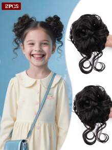 2 PIEZAS Pieza de cabello ondulado rizado sintético para moño de niños, extensiones de cabello corto, adecuado para que los niños usen pelucas, rosquillas, moños de cabello, accesorios para el cabello de niñas y diademas