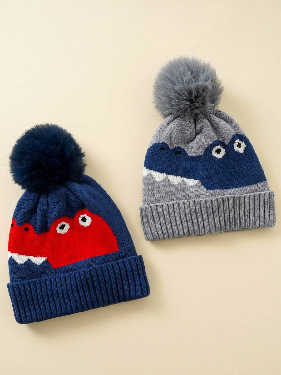 1 件儿童恐龙图案帽子，幼儿男童女童单球针织帽，适合秋冬季日常使用 - 彩色 - 查看 1