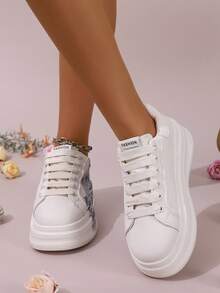 White Shoes College Style Round Toe Women's Casual Shoes Printed Flat Heel Thick Bottom Heightening Shoes Casual Sports Shoes Women's Shoes - Màu be - Xem 6
