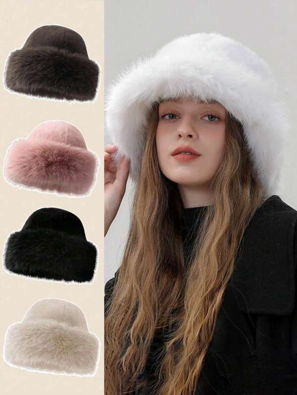 1 pieza Gorro de invierno esponjoso para mujer, estilo coreano europeo y americano, accesorio de cabeza cálido de unicolor y versátil, diseño reforzado