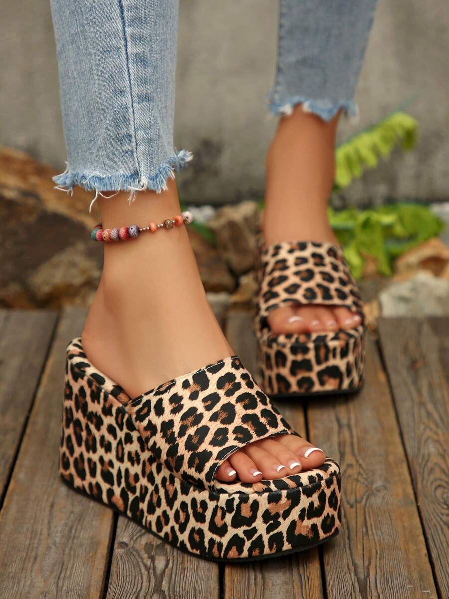 女士坡跟露趾拖鞋，沙滩凉鞋，超轻防滑舒适透气厚底高跟鞋，休闲时尚夏季户外派对鞋 - 豹紋 - 查看 1