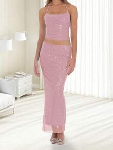 Women Sequin 2 Piece Set Tie-Up Halter Neck Open Back Crop Tops Low Rise Long Bodycon Skirt For Party Club - Hồng - Xem 4