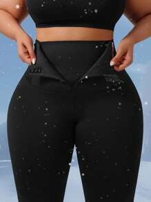 Plus Size Women's Warm Brushed Fleece Tummy Black Leggings Yoga Women Pants, Fold Over Leggings