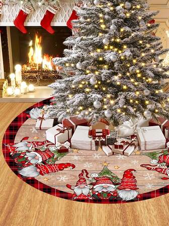 Weihnachtsbaum Rock, süße Weihnachtsmann Wichtel Illustration, Weihnachtsbaum dekorative Umwicklung, rot kariertes Design, Stoff Weihnachtsdekoration für Zuhause