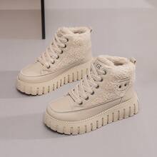女士羊毛雪地运动鞋，舒适保暖冬靴，高帮女士冬季羊毛雪地靴 - 卡其色 - 查看 1