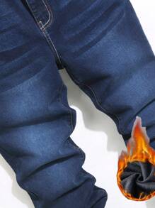 男士保暖修身深洗蓝色牛仔裤，秋冬 - 深色水洗藍 - 查看 5