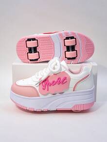 Kids Wheeled Skate Shoes, 4 Wheels Removable Dual-Use Athletic Sneakers, Lace-Up Heelys Roller Skate Shoes, Fashion Casual Shoes For Boys & Girls, Children Students - Pink - View 2