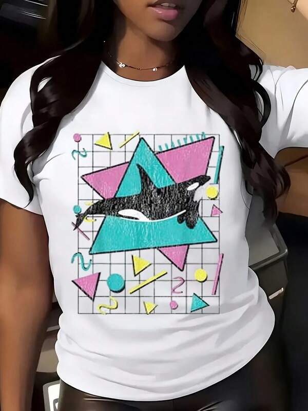 80'S Made 90'S RAISED MUSIC Print Street T-Shirt, Plus Size Women'S With Retro 80s And 90s Party Graphics, High Stretch Knit Fabric Suitable For Daily Wear At Home, Outdoor Sports And Casual Wear Casual Short Sleeve Top For Spring & Summer, Women's Clothing