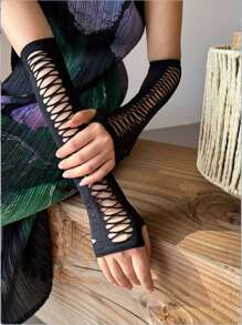 1 Par de Mangas Vintage Desgastadas e Furadas para Mulheres, Luvas Sem Dedos Sexy e Ousadas de Estilo Hyuna para Festa de Halloween, Adequadas para Uso Diário