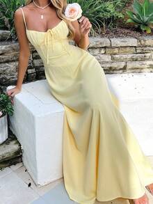 Women's Elegant & Sexy Blue Spaghetti Strap Bowknot Waist A-Line Maxi Dress, With Bowknot & Pleated Bust Decor, Suitable For Afternoon Tea, Shopping, Dating, Vacation Or Party Wear, Spring/Summer & All Season Sleeveless Maxi Dress (Recommend Ordering One Size Down) - Yellow - View 2