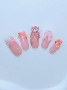 10Pcs Y2K Nails Pipe-Shaped Press On Nails Set - Handcrafted, Pink Nails, Beige And Pink French Tip Style, Handmade 3D Monkey And Handmade Banana Pattern, Hand Drawn Stripe & Polka Dots French Tip Style And Love Pattern And Design Nail Supplies Nails - Multicolor - View 3