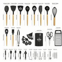 44-Piece Wooden Handle Silicone Kitchenware Set Storage Bucket Non-Stick Shovel Spoon Cooking Set - Black - View 7